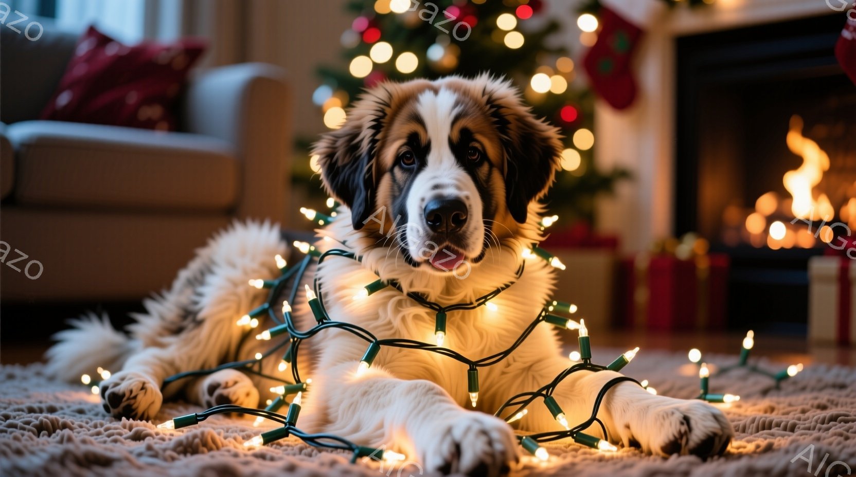 大きな犬がカーペットの上に仰向けになり、クリスマスツリーのイルミネーションライトに絡まっています。その表情はリラックスしており、口を開けて少し舌を出しています。背景には、クリスマスツリーと暖炉があり、 - AI生成フリー素材