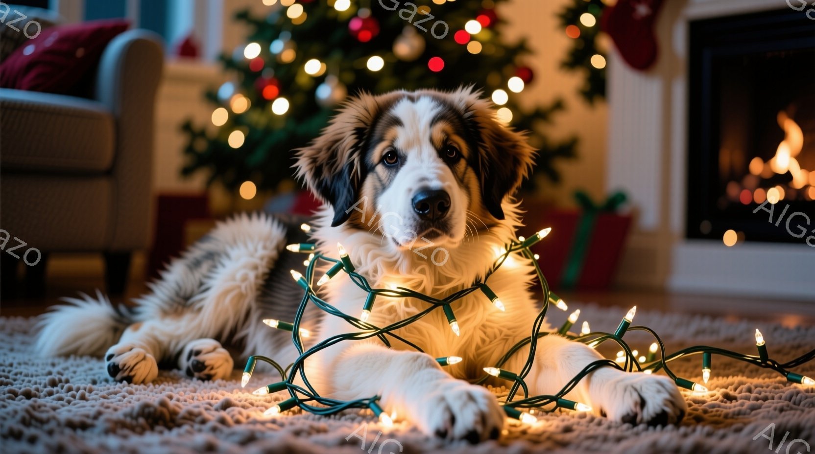 ふわふわとした毛並みの大型犬が、カーペットの上に横たわり、クリスマスツリーのイルミネーションライトに体を絡ませています。犬は穏やかな表情でカメラを見つめ、リラックスした様子が伺えます。背景には、装飾さ - AI生成フリー素材