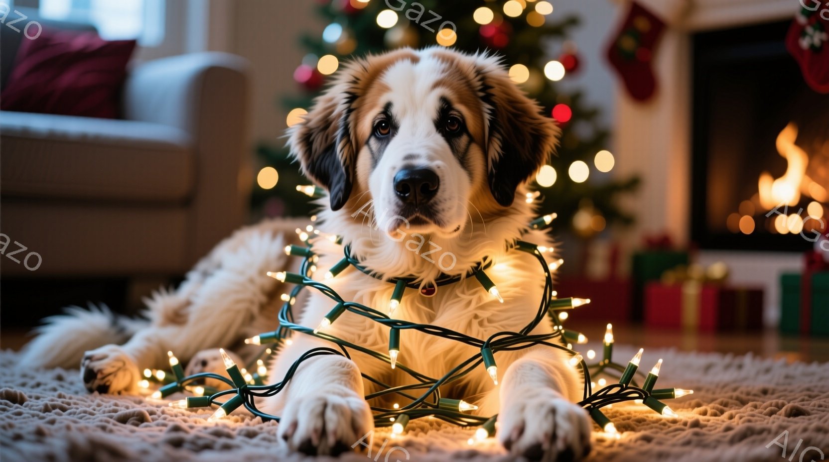 白い毛並みの大型犬が、クリスマスツリーのイルミネーションライトに囲まれて床に横たわっています。犬はリラックスした表情で、赤い首輪をつけており、背景には飾り付けられたクリスマスツリーと暖炉があり、暖かく居心地の良い雰囲気が漂っています。全体的に、ホリデーシーズンの温かさと犬の愛らしさが表現された、魅力的な写真です。