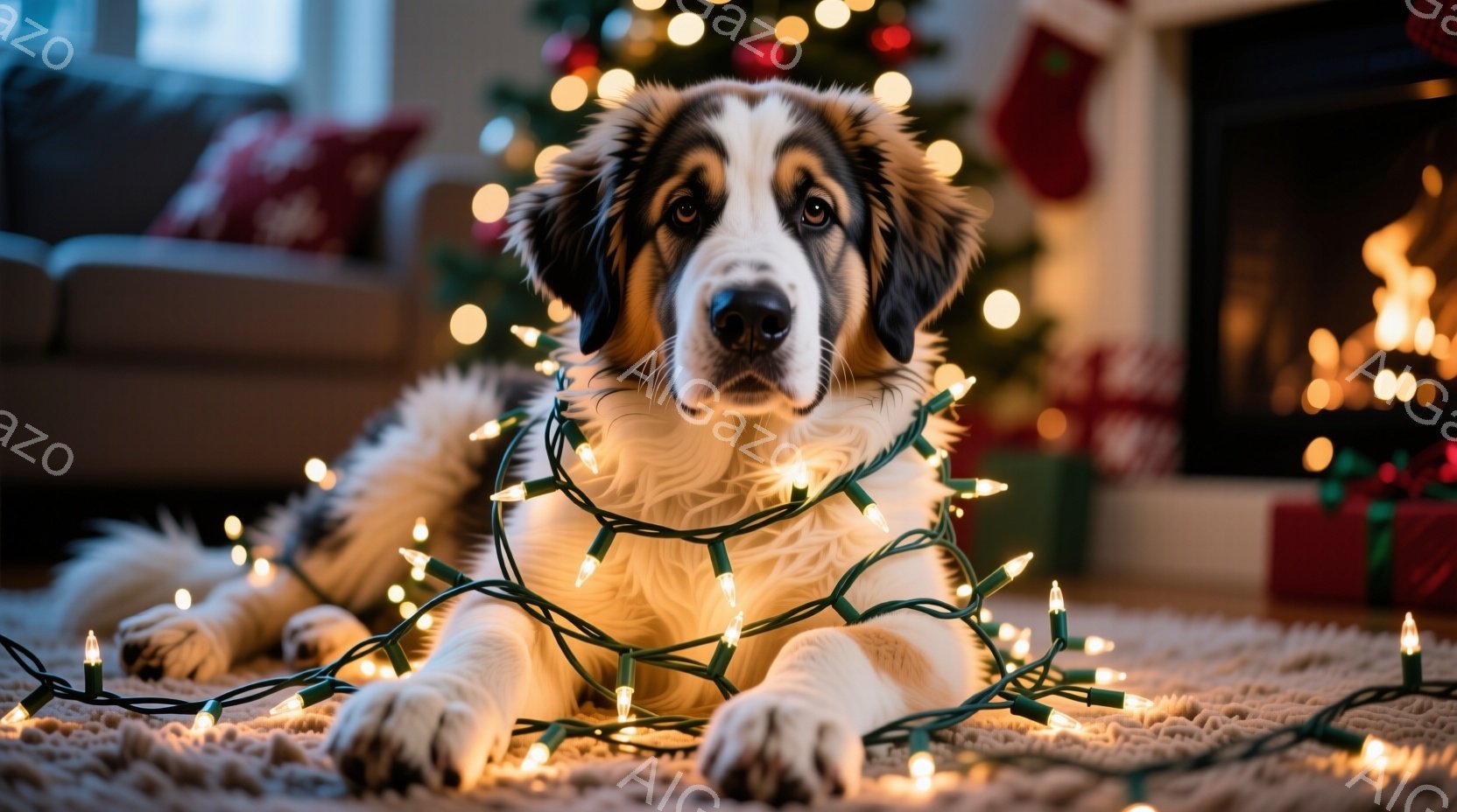 大きな犬が、クリスマスツリーの足元にあるラグの上で、イルミネーションライトに体を巻き付けながら横たわっています。犬は落ち着いた表情でカメラを見つめており、背景には暖炉の火が灯り、クリスマスプレゼントの箱が置かれています。全体的に、温かく、穏やかなクリスマスの雰囲気が漂っています。