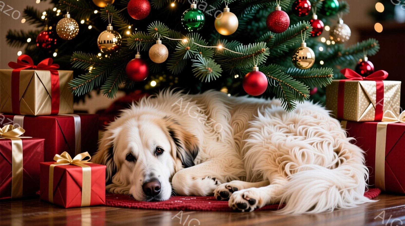 白い毛並みの大型犬が、赤い敷物の上でリラックスして横たわっています。背景には、赤や金色のオーナメントで飾られたクリスマスツリーと、ラッピングされたプレゼントの箱が並べられています。暖色系の照明とツリー - AI生成フリー素材