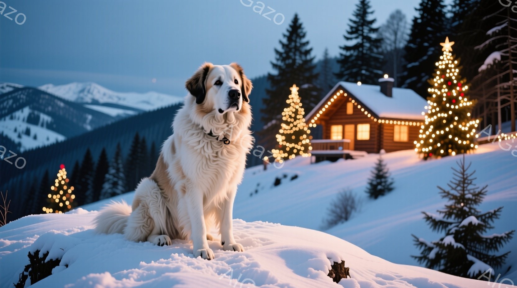 白い毛並みの大型犬が雪の上に座り、遠くを見つめています。背景には、クリスマスツリーのようにライトアップされた木々と、雪に覆われた可愛らしいコテージが見えます。雪が降り積もり、穏やかで冬の暖かさを感じる - AI生成フリー素材