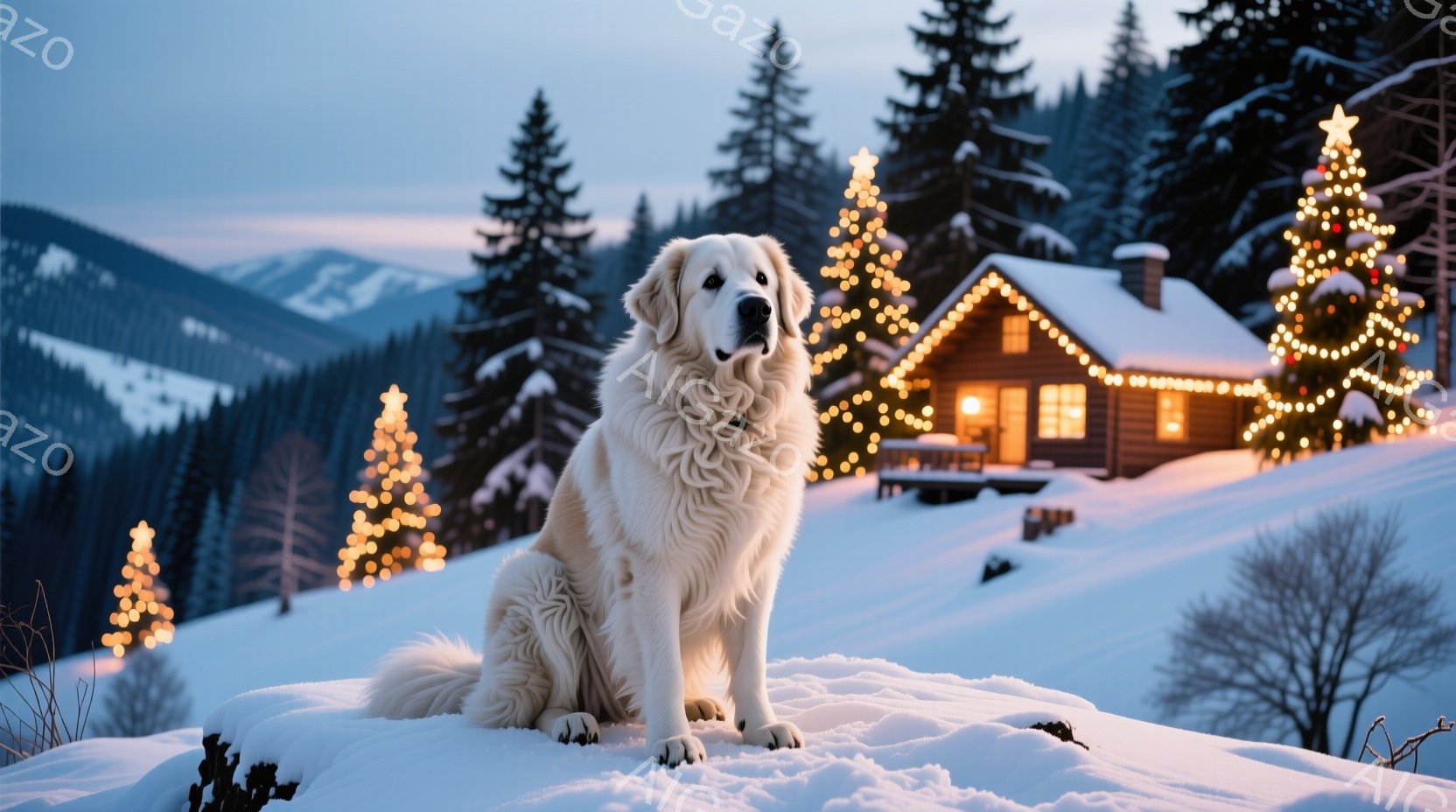 白い毛並みの大型犬が雪原に座っており、穏やかな表情で正面を見つめている。背景には、クリスマスライトで飾られた可愛らしいログハウスと、雪に覆われた針葉樹林が広がり、冬の静寂と温かさを感じさせる。夕暮れ時 - AI生成フリー素材