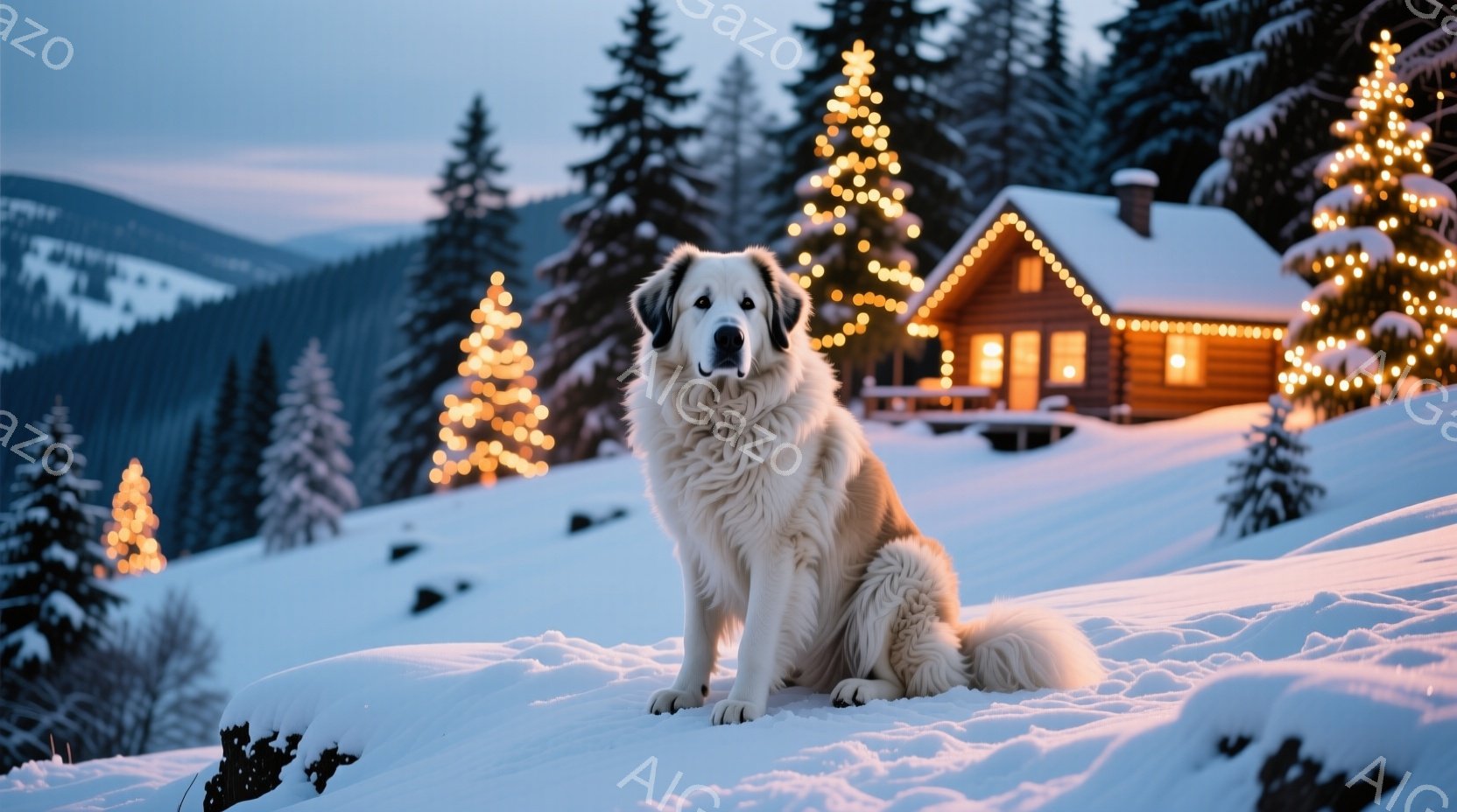 白い毛並みの大型犬が雪原に座っており、穏やかな表情で正面を見つめている。背景には、クリスマスイルミネーションで飾られた木製のキャビンと、雪をまとった針葉樹の森が広がり、夕暮れ時の柔らかい光が辺りを照ら - AI生成フリー素材