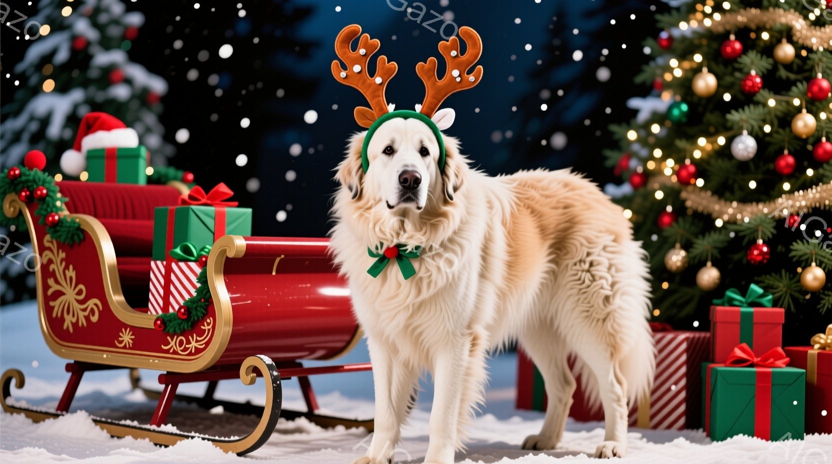 白い毛並みの大型犬が、クリスマスのトナカイの角飾りを付けて、赤いそりに寄りかかっています。背景には、装飾されたクリスマスツリーとプレゼントの箱が並び、雪が舞う冬の情景が広がっています。全体的に暖かく、 - AI生成フリー素材