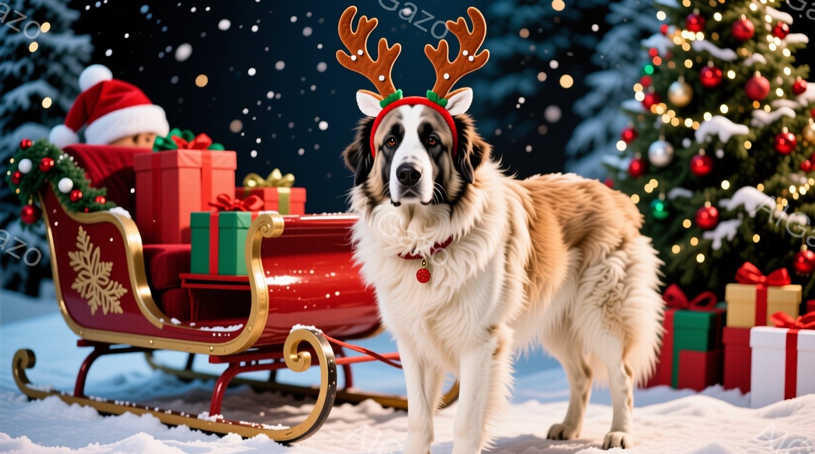 雪景色の中に、赤いそりに寄りかかって座る大きな白い犬がいます。犬はトナカイの角の飾りをつけ、赤い首輪をつけており、穏やかで幸せそうな表情をしています。背景には、クリスマスツリーやプレゼントの箱が並び、 - AI生成フリー素材