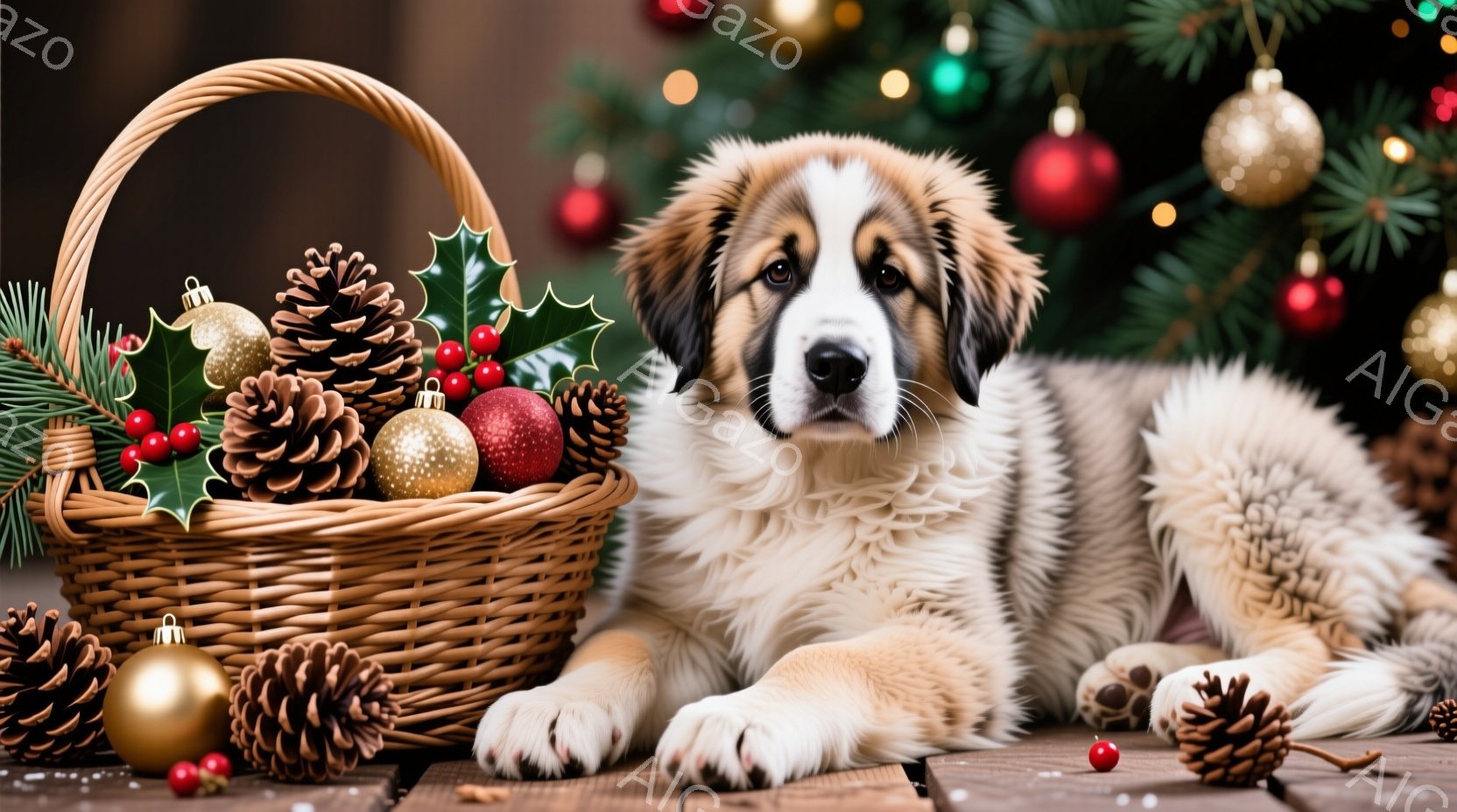 暖炉のそばの木製の床に、ふわふわのクリーム色と茶色の毛並みを持つ子犬が横たわっています。子犬は前足を伸ばし、穏やかな表情でカメラを見つめています。背景には、赤や金色のオーナメントで飾られたクリスマスツリーと、松ぼっくりや赤い実が入った籐のバスケットが配置され、温かく祝祭的な雰囲気を醸し出しています。