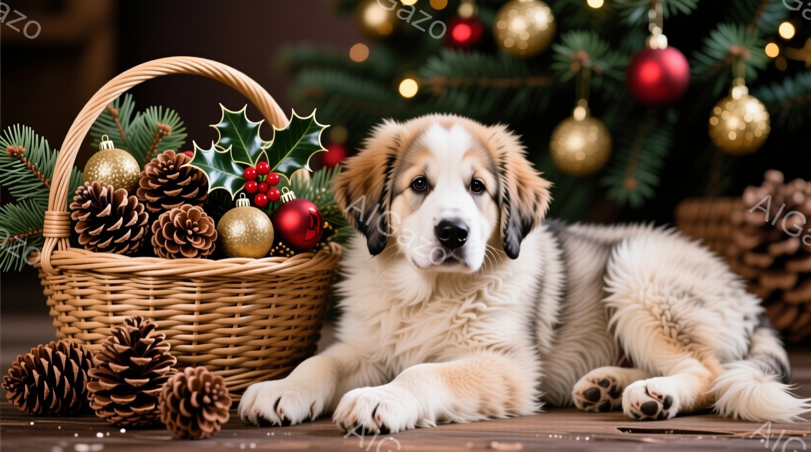 白と茶色の毛並みを持つ子犬が、木製の床に横たわっています。隣には、松ぼっくりや赤い実で飾られた籠があり、背景にはクリスマスツリーのぼやけた光が灯っています。暖かく、穏やかで、クリスマスの雰囲気が漂う、 - AI生成フリー素材