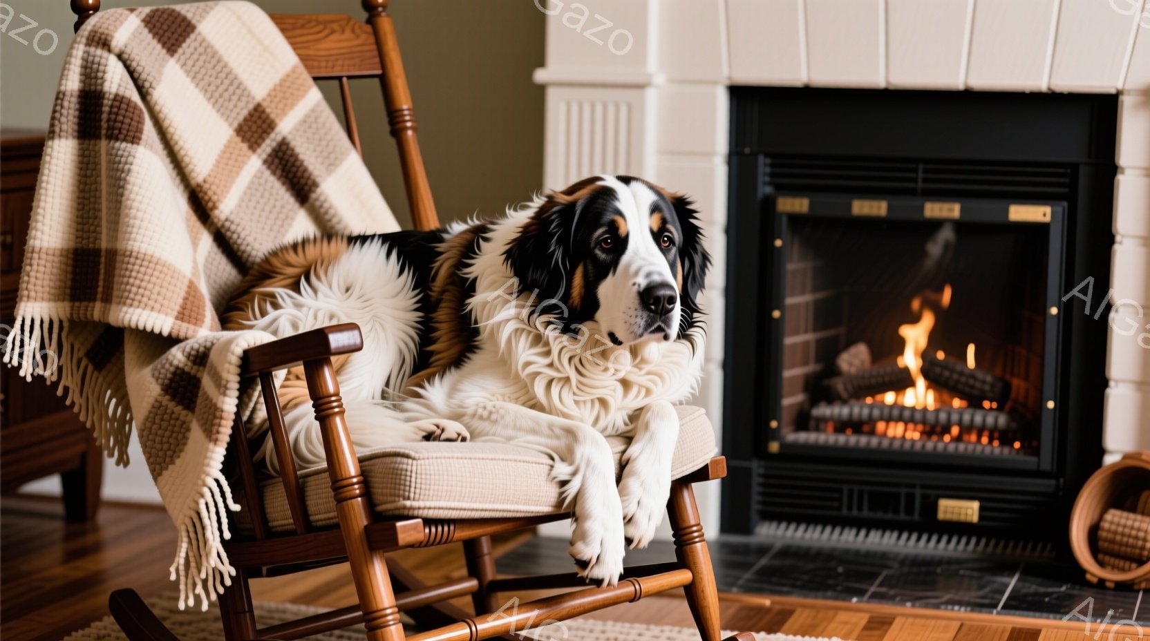 大きな白いと黒い毛並みの犬が揺り椅子に横たわっており、体の半分がベージュと茶色の縞模様の毛布に覆われています。犬はリラックスした表情で、穏やかな眼差しでこちらを見つめています。背景にはレンガ造りの暖炉 - AI生成フリー素材