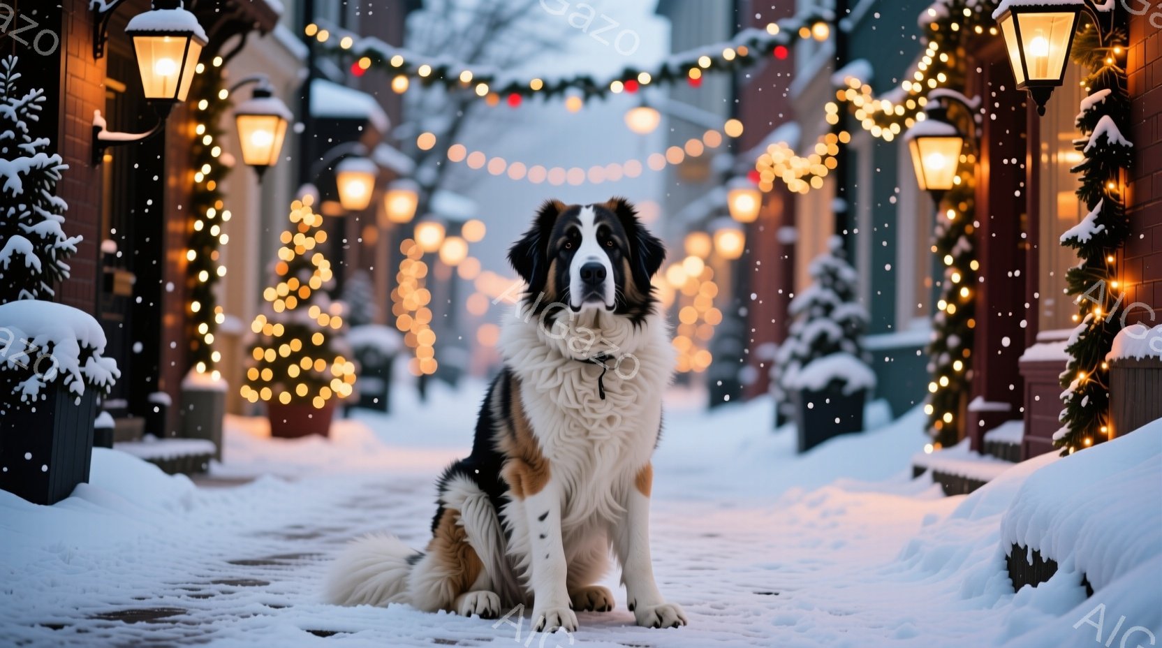 白と茶色のセント・バーナード犬が雪に覆われた通りに座っています。通りはクリスマスの飾り付けで彩られ、街灯と輝くイルミネーションが冬の夜の温かい雰囲気を醸し出しています。雪は静かに降り積もり、犬の周りに - AI生成フリー素材