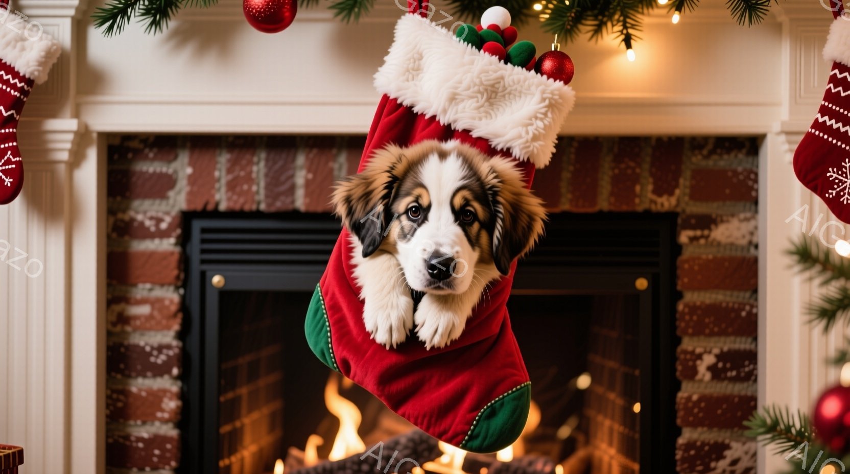 赤いクリスマスストッキングの中に、毛むくじゃらの子犬が顔を出しています。子犬は前足をストッキングの縁から出し、好奇心旺盛な表情でカメラを見つめています。背景には暖炉があり、燃え盛る炎と装飾されたクリスマスツリーが、温かくお祝いムードを演出しています。