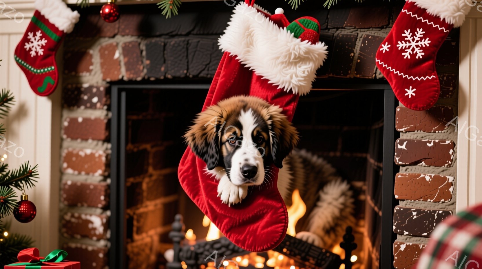 赤いクリスマスストッキングの中に、白い毛並みの犬が顔を出しています。犬は少し困ったような表情で、好奇心旺盛そうにこちらを見ています。背景にはレンガ造りの暖炉と、クリスマスツリーの飾り、そしてプレゼント - AI生成フリー素材