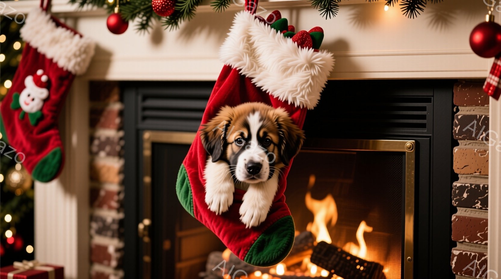 クリスマスを祝う暖炉のそばに、赤いクリスマスストッキングが飾られています。ストッキングの中には、かわいらしい子犬が顔を出しており、少し驚いたような表情をしています。背景には温かい炎が燃え、クリスマスの飾り付けが暖かく、お祝いの雰囲気を醸し出しています。