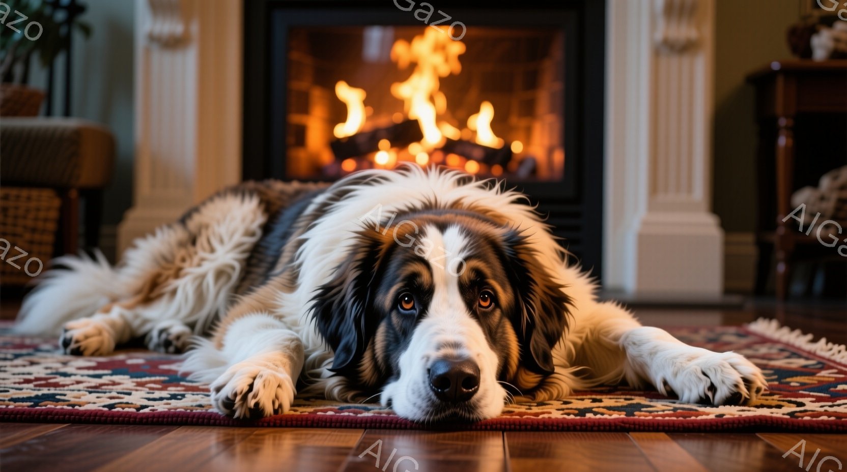白と黒の毛並みを持つ大型犬が、赤い模様の絨毯の上に横たわっています。犬はリラックスした表情で、正面を見つめており、暖炉の温かい光が犬の毛並みを照らしています。背景には、暖炉と家具が見え、温かく居心地の - AI生成フリー素材