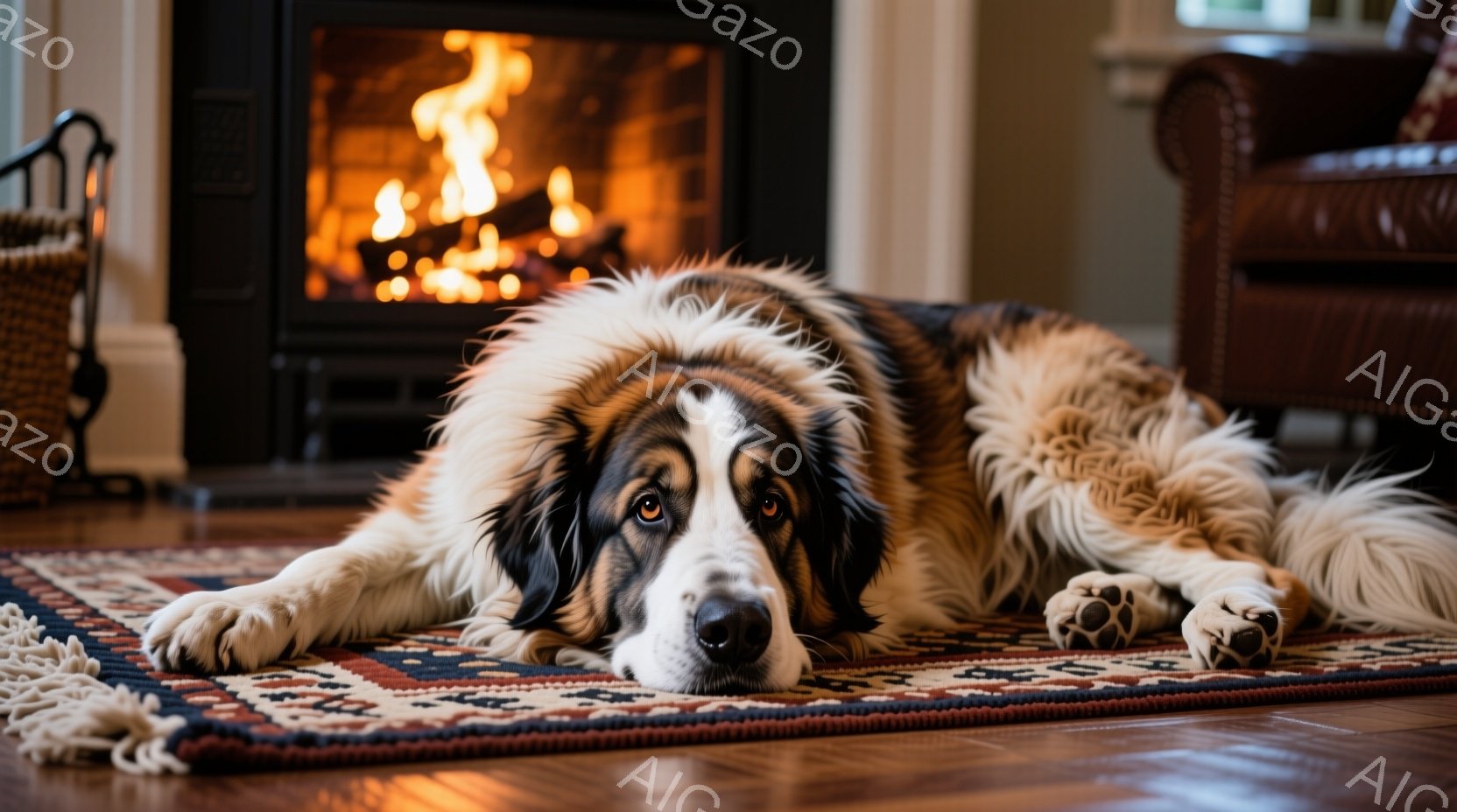 大きな毛並みの犬が、赤と紺色の幾何学模様の絨毯の上に横たわっています。背景には暖炉があり、炎が燃え盛って温かい光を放っています。リラックスした雰囲気の中で、犬は穏やかな表情でこちらを見ており、部屋全体 - AI生成フリー素材