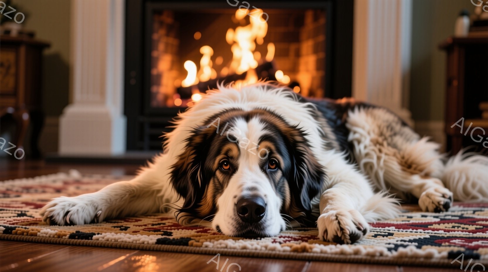 白と黒の大きな犬が、色とりどりの敷物の上に横たわっています。その表情は穏やかで、どこか物憂げな様子をしています。背景には暖炉があり、炎が燃え盛り、温かく落ち着いた雰囲気を醸し出しています。 - AI生成フリー素材