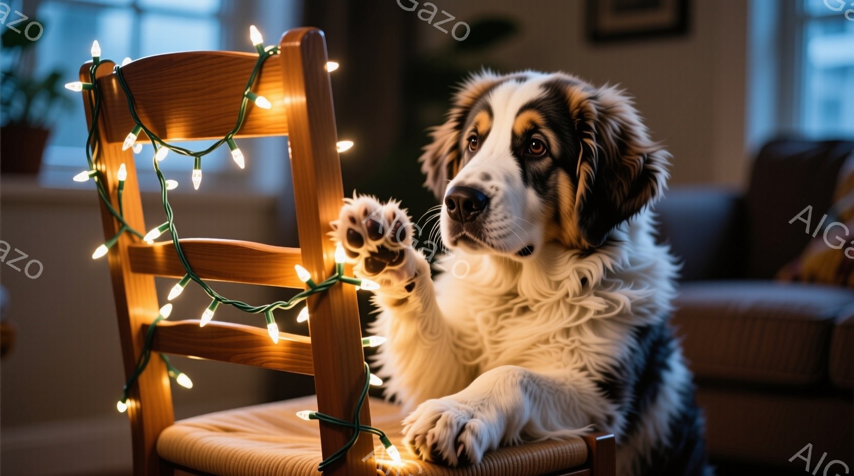 大きな毛並みの犬が木製の椅子の背もたれに体を預けてリラックスしています。足先は可愛らしく前に突き出し、キラキラと光るクリスマスライトが椅子に巻き付いています。背景にはソファーが見え、暖かく穏やかな家庭的な雰囲気が漂っています。