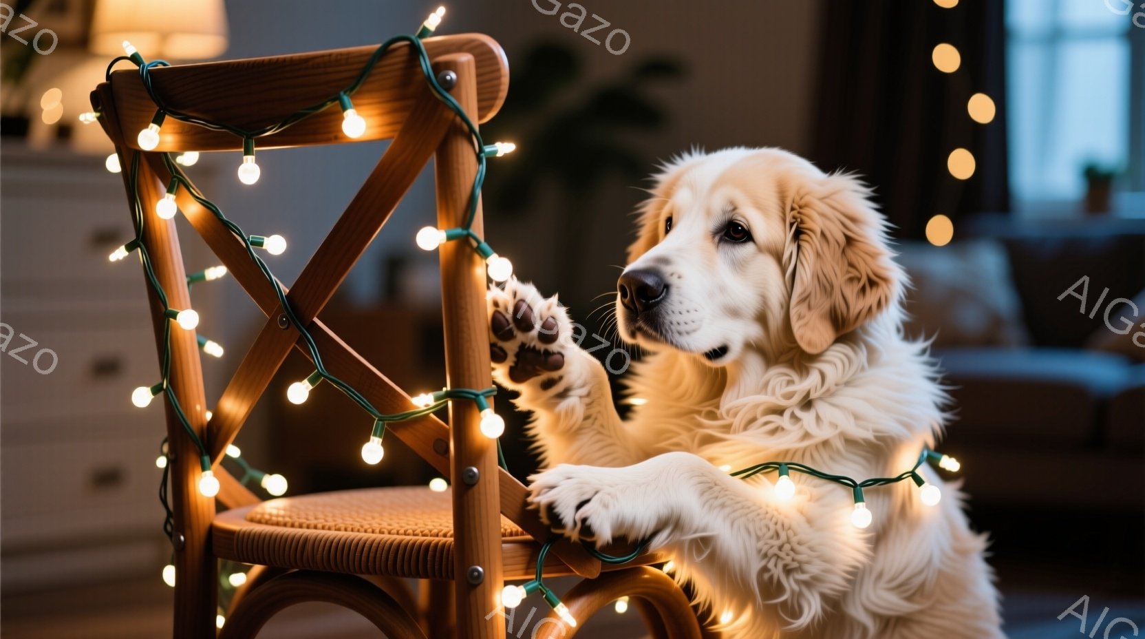 明るい色の椅子に寄りかかり、クリーム色の毛並みのゴールデンレトリバーが写っている。クリスマスのような電飾が椅子に巻き付けられており、犬の足元にも広がっている。背景は暖色系の室内で、穏やかでリラックスし - AI生成フリー素材