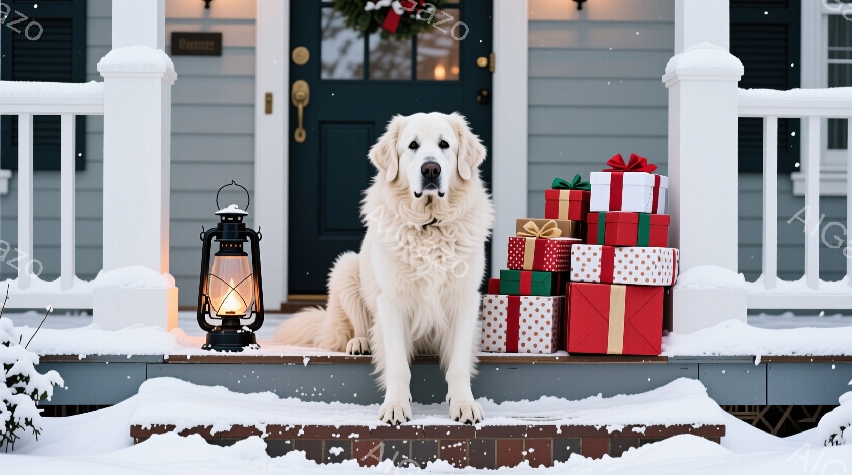 白い大型犬が雪積もった家の外の階段に座っています。背景にはクリスマスリースが飾られた玄関ドアがあり、犬の隣には様々な大きさのカラフルなギフトボックスが積み上げられています。雪が舞う冬の穏やかで温かいク - AI生成フリー素材