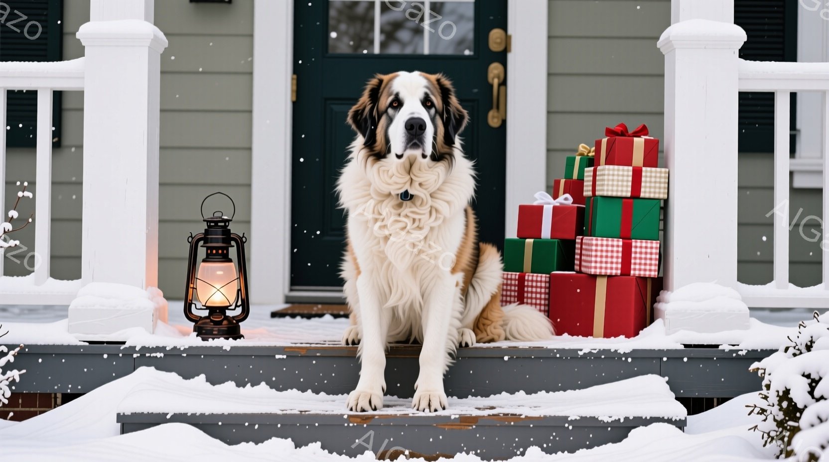 白い毛並みを持つ大型犬が、雪積もった家の玄関の段に座って正面を見つめています。背景には、リボンで飾られた積み重ねられたプレゼントの山があり、左側には点灯したランタンが置かれています。雪が舞う寒い冬の日 - AI生成フリー素材