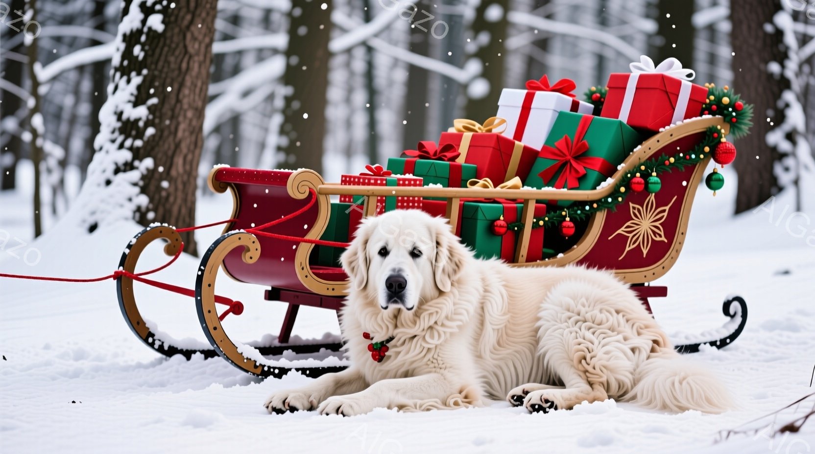 白い毛並みの大型犬が雪の上に横たわり、背景には装飾されたそりが置かれています。そりには赤や緑のリボンで飾られたプレゼントが積み重ねられ、クリスマスの雰囲気を醸し出しています。雪景色の中で、犬は落ち着い - AI生成フリー素材