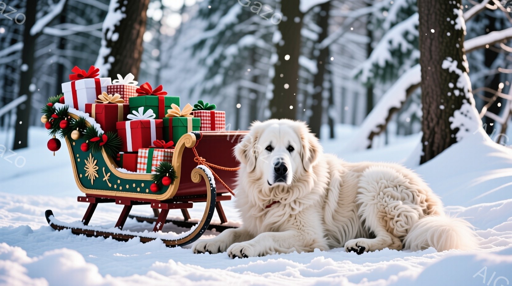 白と茶色の大きな犬が雪に覆われた市場の通りで正面を向いて立っている。背景にはクリスマスマーケットのような屋台が並び、暖かく光る光で照らされ、遠くにはぼやけた人々の姿が見える。雪が舞い散り、全体的に温か - AI生成フリー素材