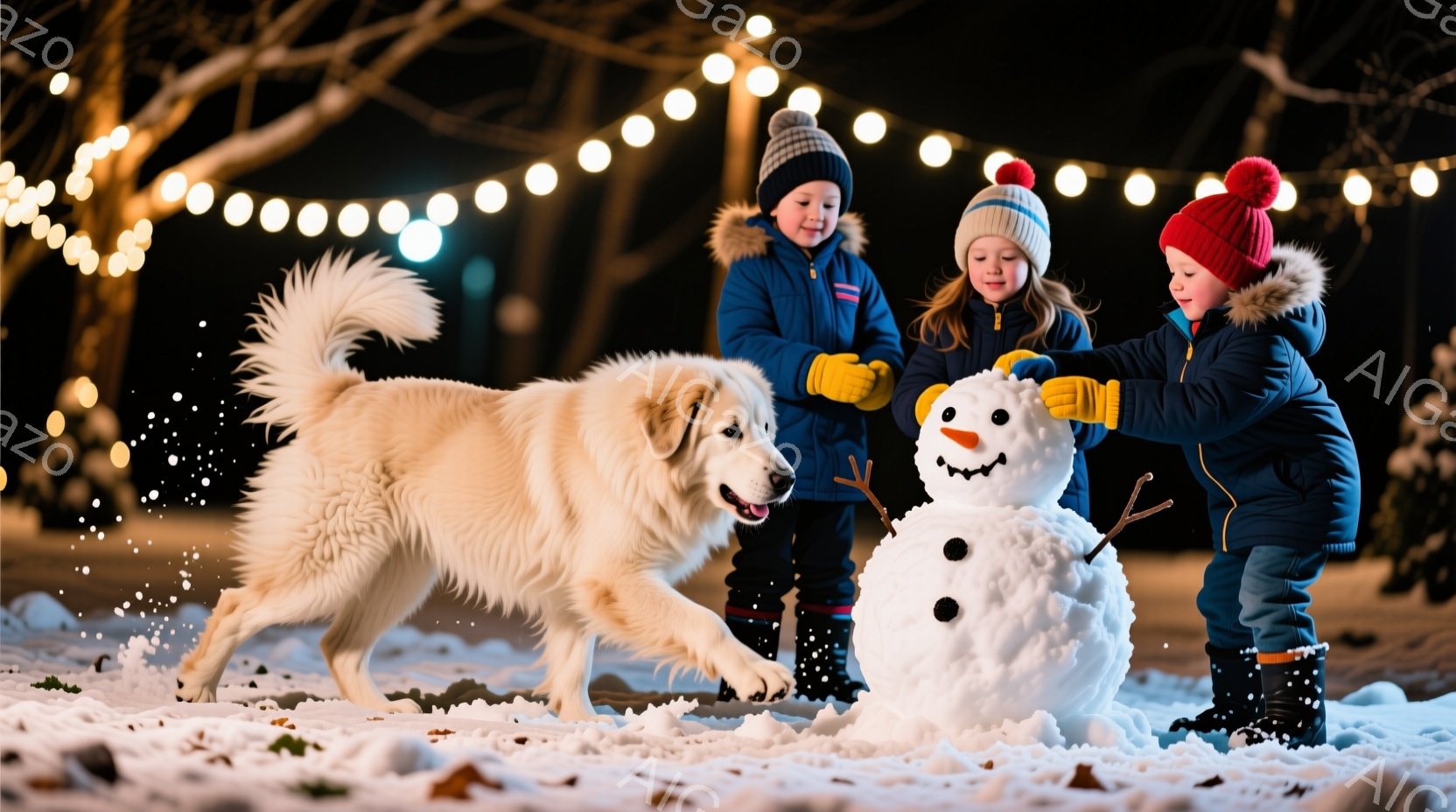 雪景色の中で、二人の子供と一匹の白い犬が雪だるまの飾り付けを楽しんでいる。子供たちは暖かい冬のコートと帽子を着用し、犬は活発に走り回っている。背景には木々があり、上空には電飾が輝き、暖かく幸せな冬の雰囲気を醸し出している。