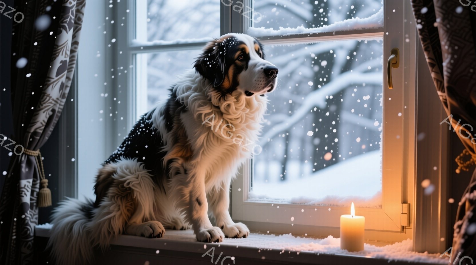 大きな犬が雪景色が見える窓辺に座っています。その犬は白、黒、茶色の毛並みで、窓枠に雪が積もり、室内には温かい光のキャンドルが灯っています。全体的に、暖かく、静かで、冬の穏やかな雰囲気が漂っています。 - AI生成フリー素材