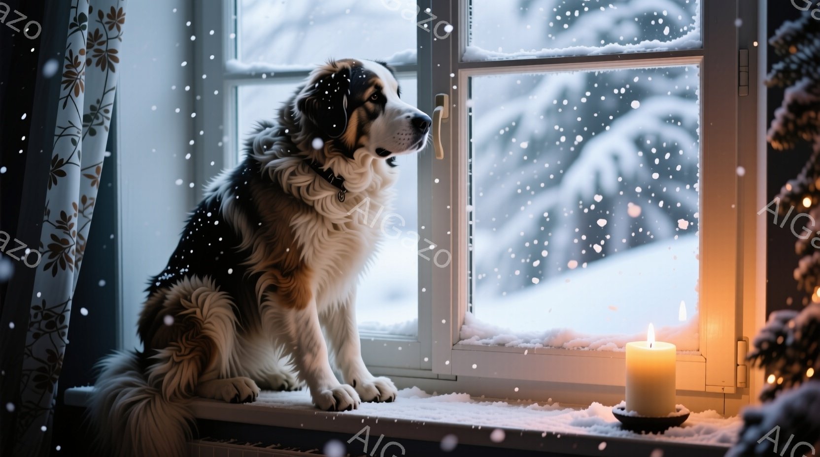 白い毛並みの大型犬が窓辺に座り、雪景色を眺めている。窓の外は雪が降り積もり、冬の静寂が感じられる。室内には暖炉の光が灯り、犬のそばにはキャンドルが置かれ、温かく穏やかな雰囲気が漂っている。 - AI生成フリー素材