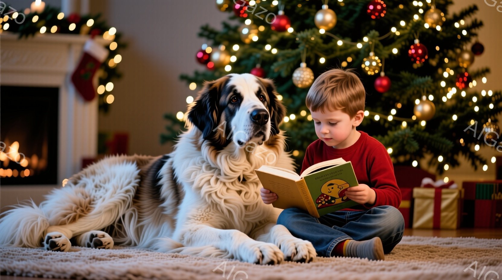 赤毛の少年が床に座り、開いた本を読んでいます。大きな白黒の犬が少年の隣で横になり、本を読んでいる様子を見守っています。背景にはクリスマスツリーが飾られ、プレゼントの箱が置かれている暖かく幸せな雰囲気の - AI生成フリー素材