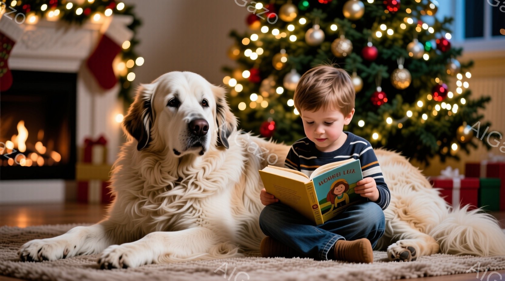 暖炉のある部屋で、少年が大きな白い犬の隣に座って本を読んでいます。少年は濃い青色のセーターとジーンズを着用し、短い茶色の髪をしています。背景にはクリスマスツリーが飾られ、暖かく、居心地の良いクリスマス - AI生成フリー素材