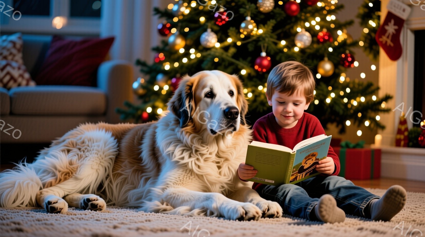 少年は床に座り、膝の上に絵本を開いて読んでいます。彼はジーンズと青いセーターを着ており、茶色の髪は短く切られています。背景には、飾り付けられたクリスマスツリー、クッションのあるソファ、暖炉が見え、部屋 - AI生成フリー素材
