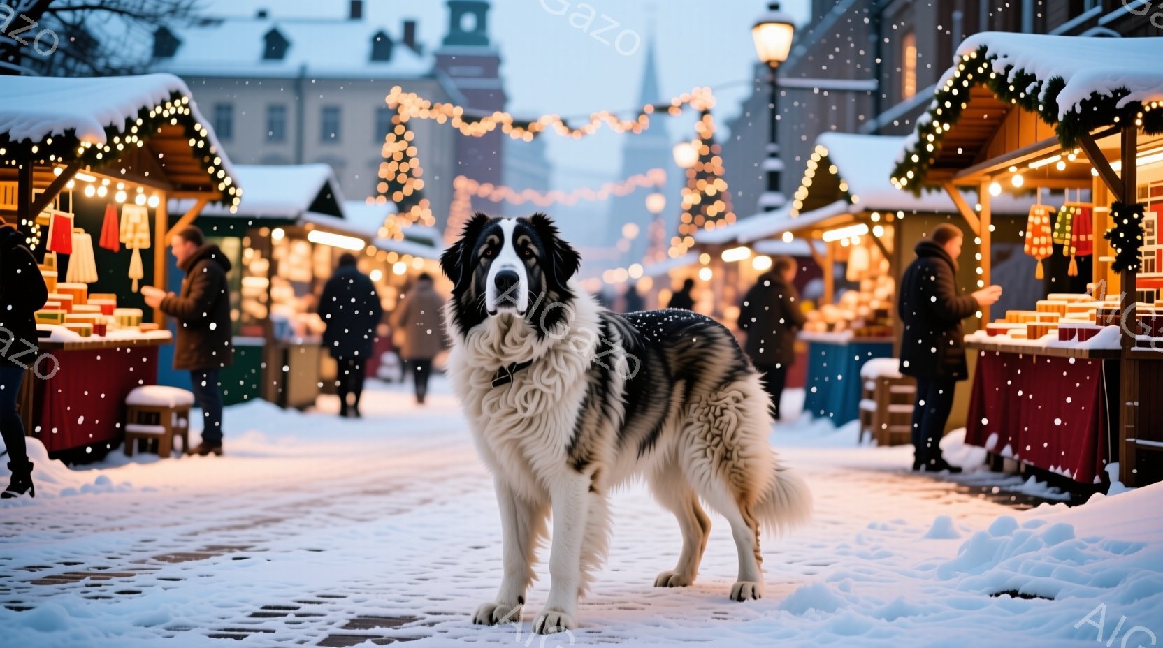 白と黒の毛並みの大型犬が雪に覆われた石畳の道に堂々と立っている。背景にはクリスマスの飾り付けがされた屋台が並び、遠くには歴史的な建物が見え、雪が舞う冬の情景が広がっている。暖色の光が雪景色に暖かさを加 - AI生成フリー素材