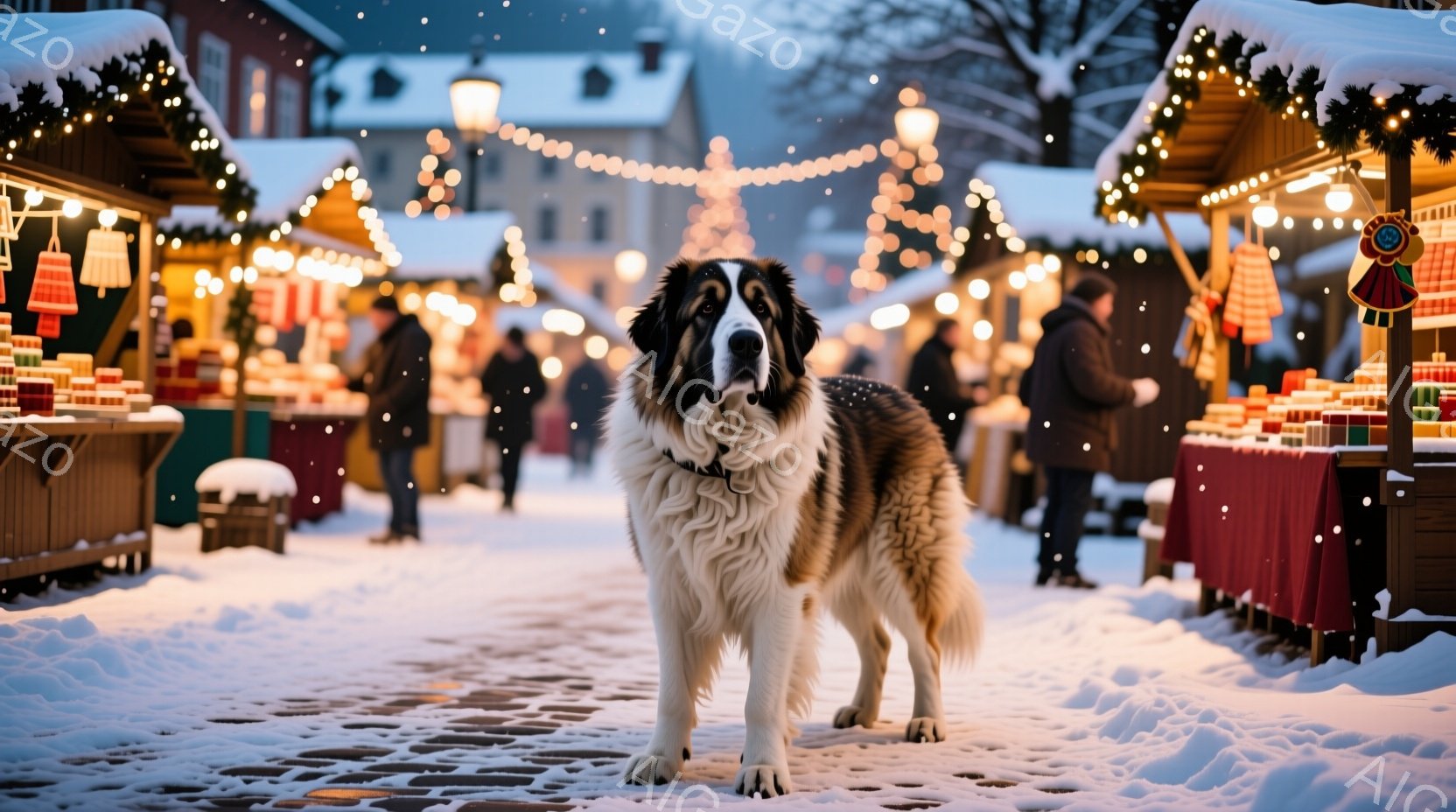 白と茶色の大きな犬が雪に覆われた石畳の道に立っている。周囲にはクリスマスのマーケットのような屋台が並び、多くの人々が歩き回っている。背景には建物が見え、雪が降っていることから、冬のイベントの賑やかな雰囲気が伝わってくる。