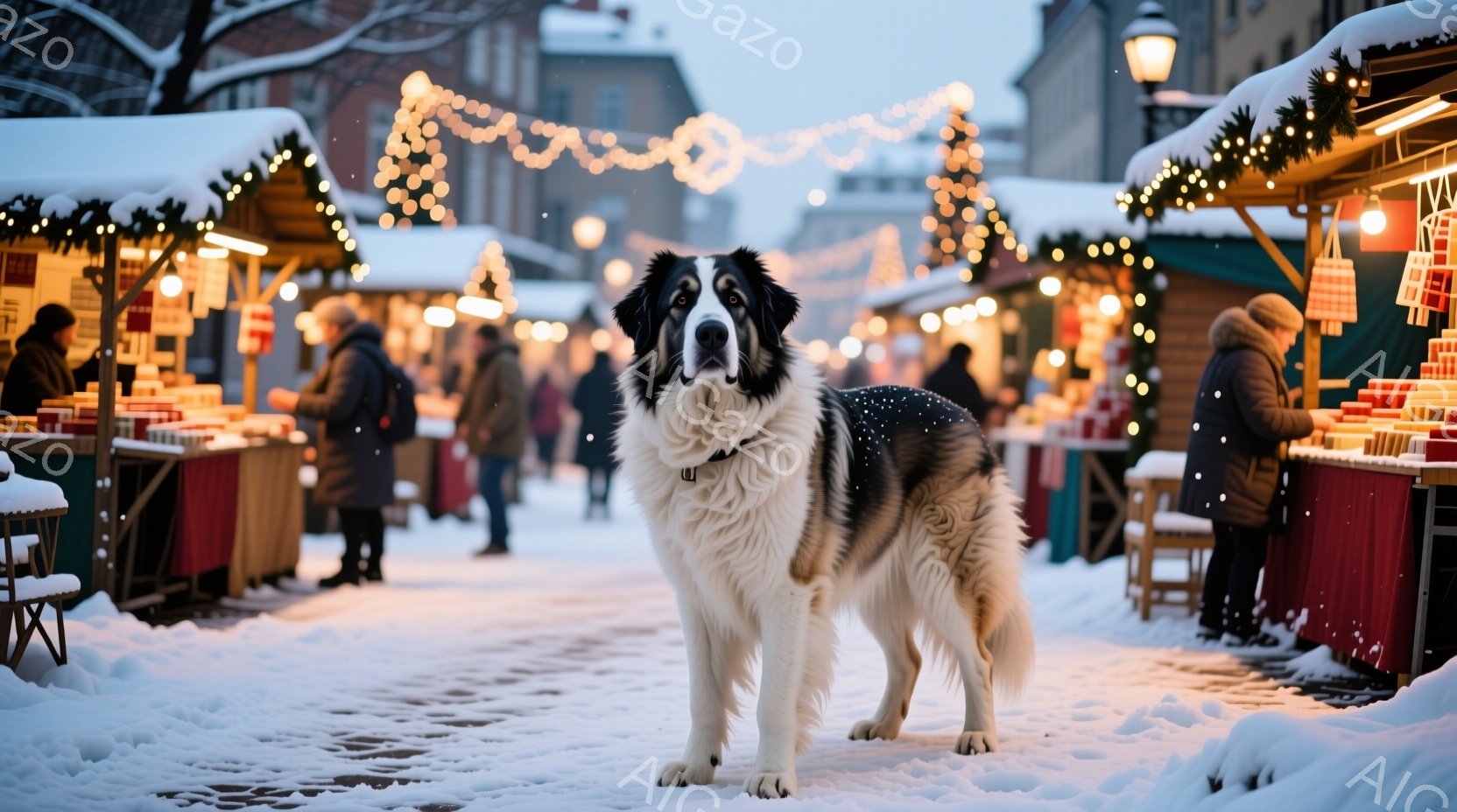 雪が降る市場の通りに、黒と白の大きな犬が立っている。背景には、クリスマスの飾り付けがされた屋台が並び、人々が買い物を楽しんでいる様子が見える。全体的に、暖かく、活気のある冬の雰囲気を感じさせる。