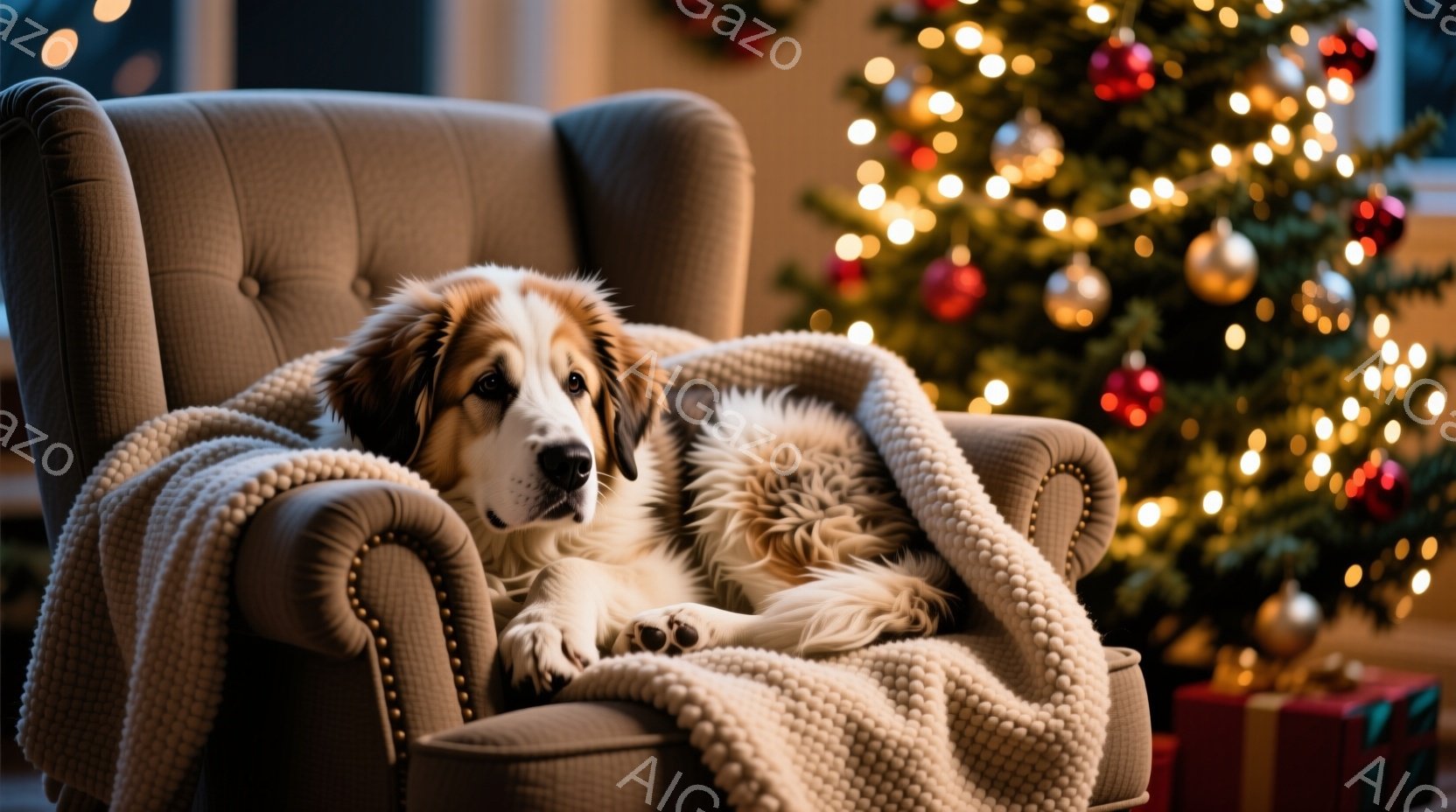 大きな毛並みの犬が、鋲で飾られた背もたれの高い椅子にゆったりと座り、オフホワイトのざっくりとしたブランケットに包まれています。犬はリラックスした表情で、少し眠たげな様子でカメラを見つめています。背景に - AI生成フリー素材