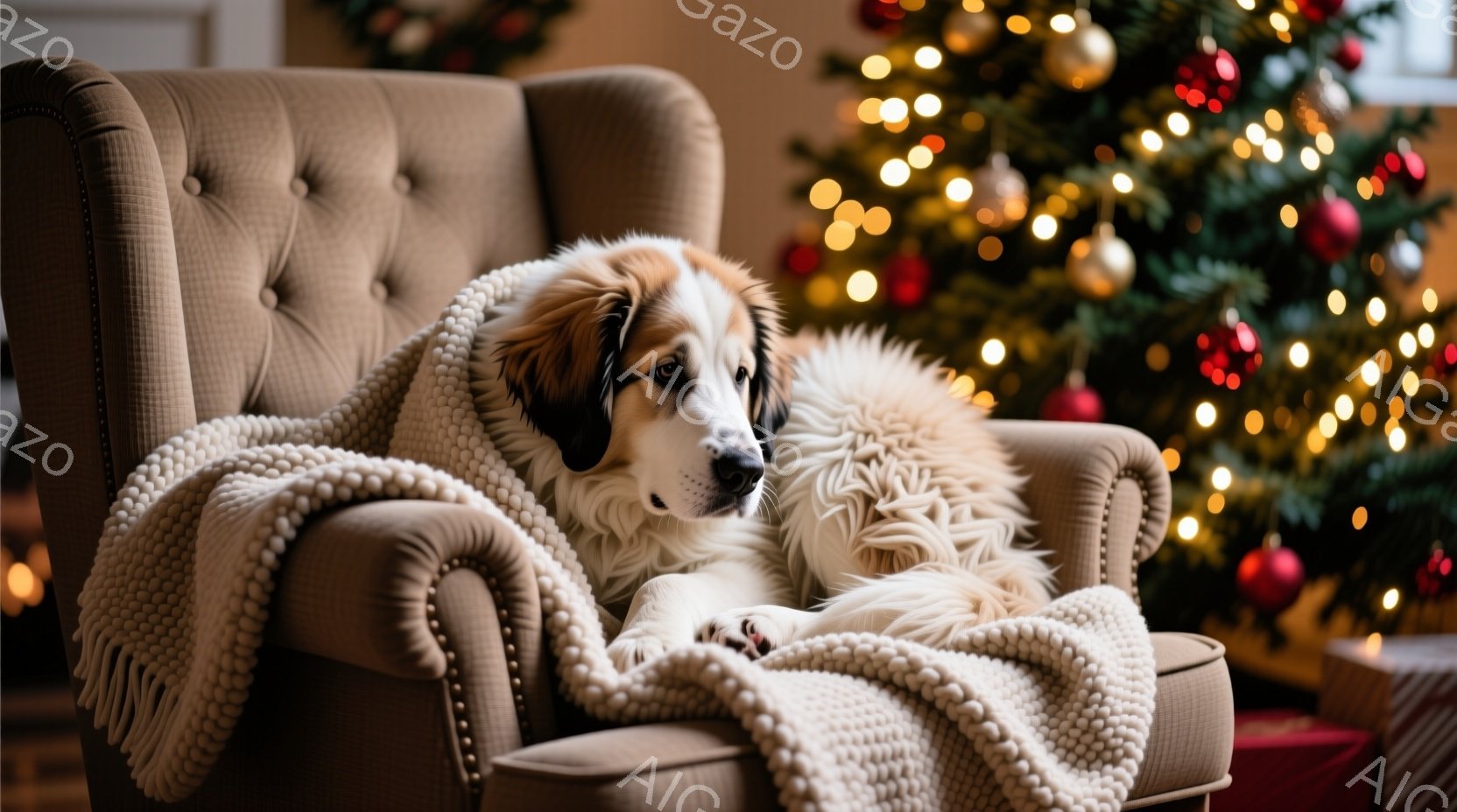大きな白い犬が、茶色の肘掛け椅子の座席に丸まって横たわっています。オフホワイトの編み物のブランケットが犬を優しく包み込み、リラックスした雰囲気を醸し出しています。背景には、ぼんやりと光るクリスマスツリ - AI生成フリー素材
