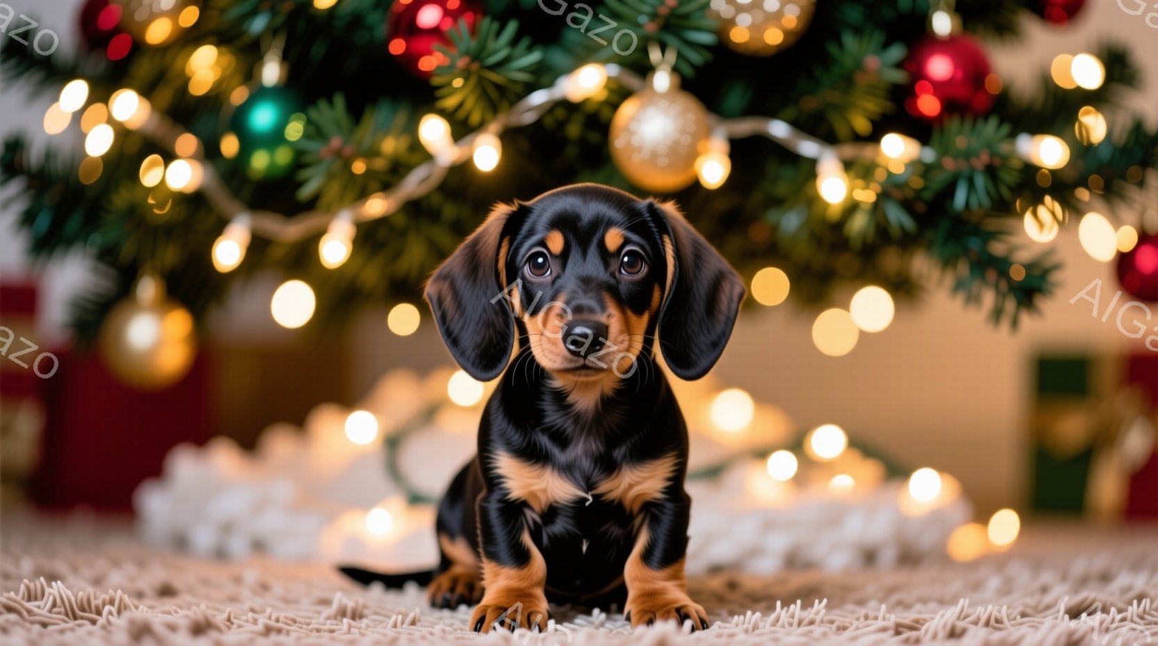 黒と茶色のダックスフンドの子犬が、白いカーペットの上に座ってこちらを見ています。背景には、ぼやけたクリスマスツリーと、暖かい光のイルミネーションが広がっており、お祝いムードが高まっています。子犬はリラ - AI生成フリー素材