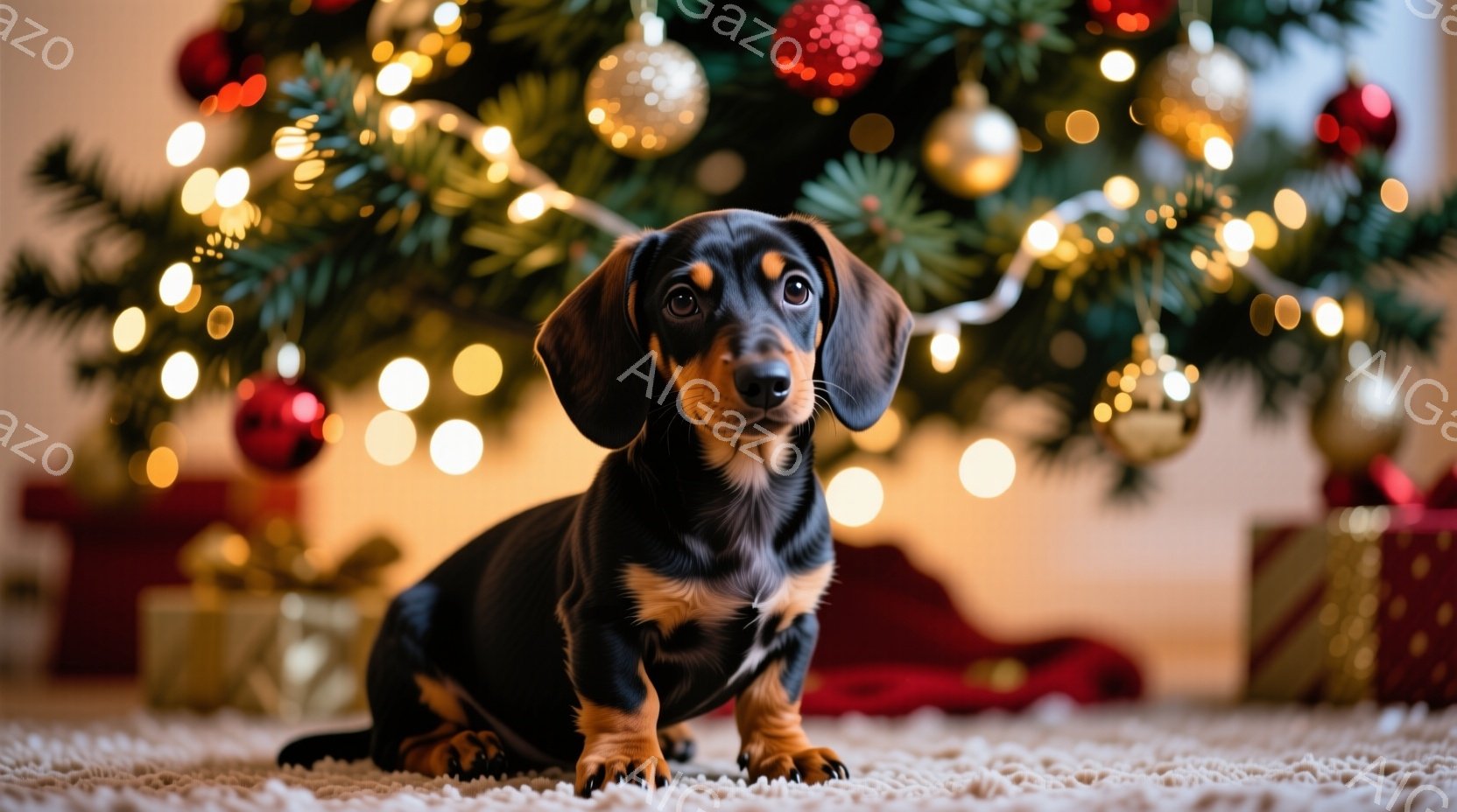 黒と焦げ茶色のダックスフンドが、クリーム色の敷物の上に座っています。背景には、赤いオーナメントやキラキラ光るライトで飾られたクリスマスツリーがあり、プレゼントの箱も置かれています。温かく、お祝いムード - AI生成フリー素材