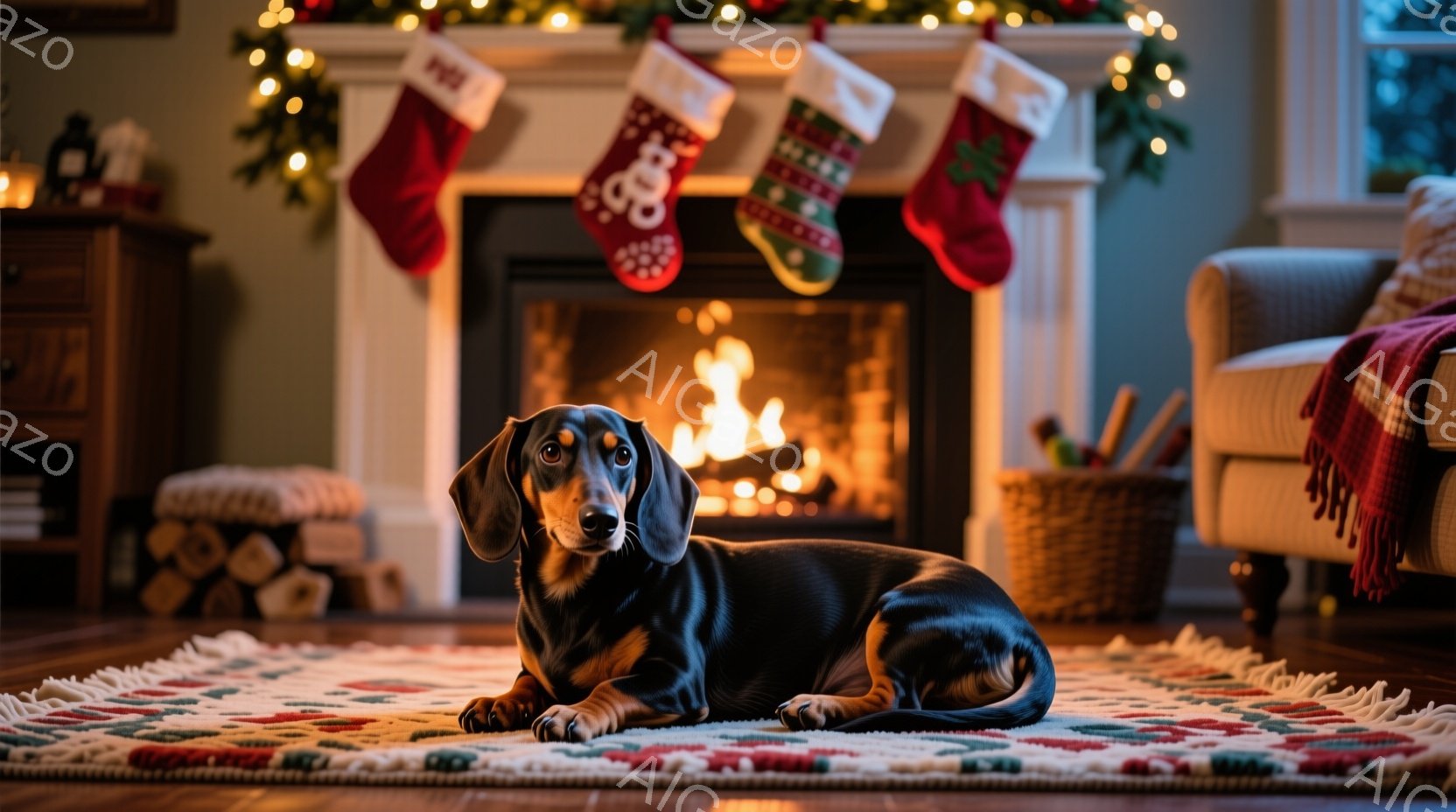 茶色と黒のダックスフンドが、カラフルな敷物の上でリラックスして横たわっています。暖炉が燃え盛っており、壁にはクリスマスソックスが飾られ、部屋全体が温かく居心地の良い雰囲気です。背景には、木製の家具や籐 - AI生成フリー素材
