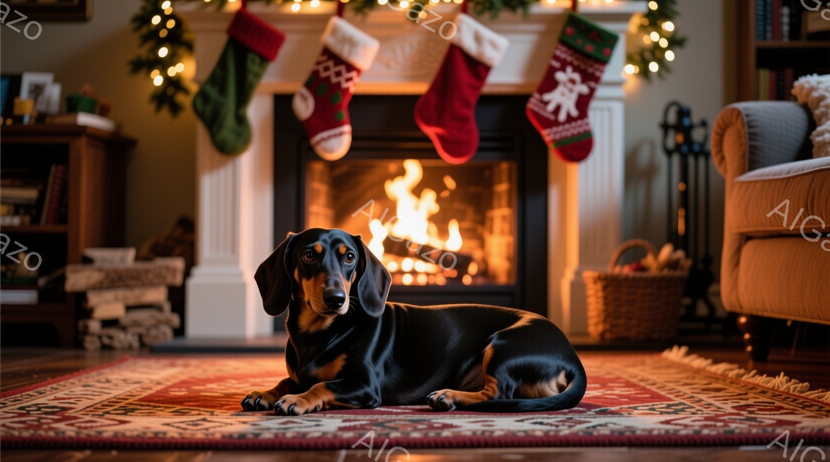 暖炉の前に、黒とタン色のダックスフンドが敷物の上で横たわっています。暖炉には火が灯っており、赤いクリスマスストッキングが暖炉の Mantelpiece に飾られています。部屋全体が暖かく、居心地の良い - AI生成フリー素材