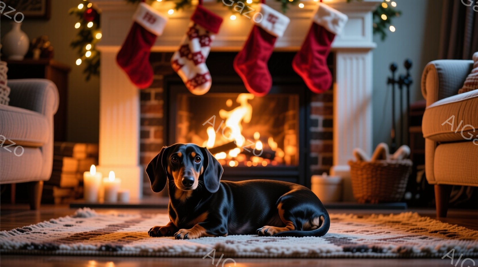 暖炉の前で黒いダックスフンドがリラックスして横たわっています。背景にはクリスマスソックスが飾られ、キャンドルやバスケットが配置されています。暖炉の火が暖かく、クリスマスの雰囲気を高めています。 - AI生成フリー素材