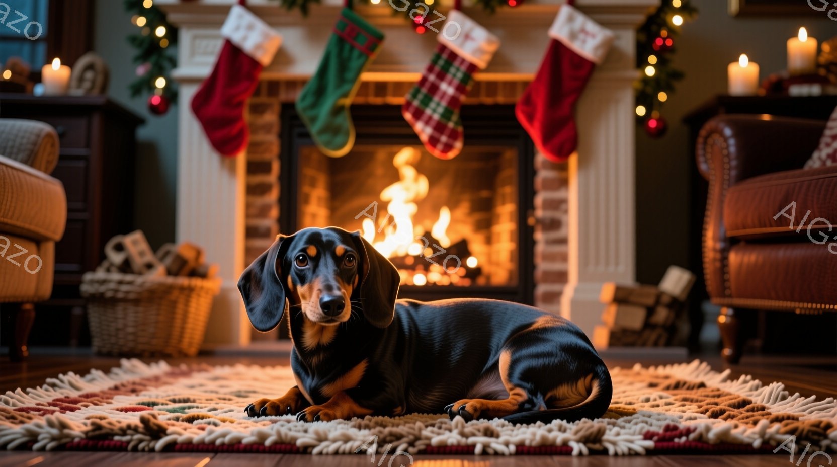 暖炉の前で、黒と茶色のダックスフントが絨毯の上に横たわっています。暖炉には火が燃え、クリスマスオーナメントと赤い靴下が飾られています。部屋全体が暖かく、お祝いの雰囲気に包まれています。 - AI生成フリー素材
