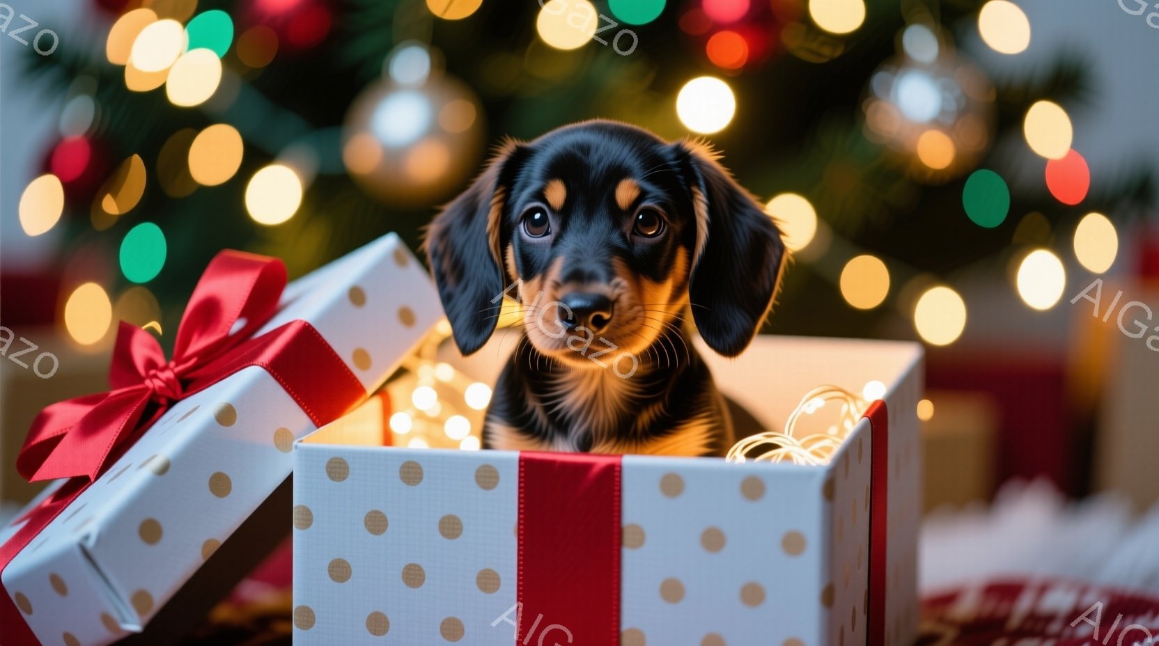 黒と茶色のダックスフンドの子犬が、水玉模様の白いギフトボックスの中からこちらを見ています。箱の中には金色のライトが散りばめられており、背景はぼやけたクリスマスツリーの光で華やかです。全体的に、愛らしく - AI生成フリー素材