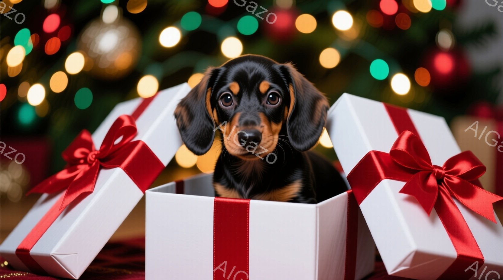 黒と茶色のダックスフントの子犬が、赤いリボンで結ばれた白いギフトボックスの中から顔を出しています。子犬は好奇心に満ちた表情で、少し上を見ています。背景には、ぼやけたクリスマスツリーの光が散りばめられ、 - AI生成フリー素材
