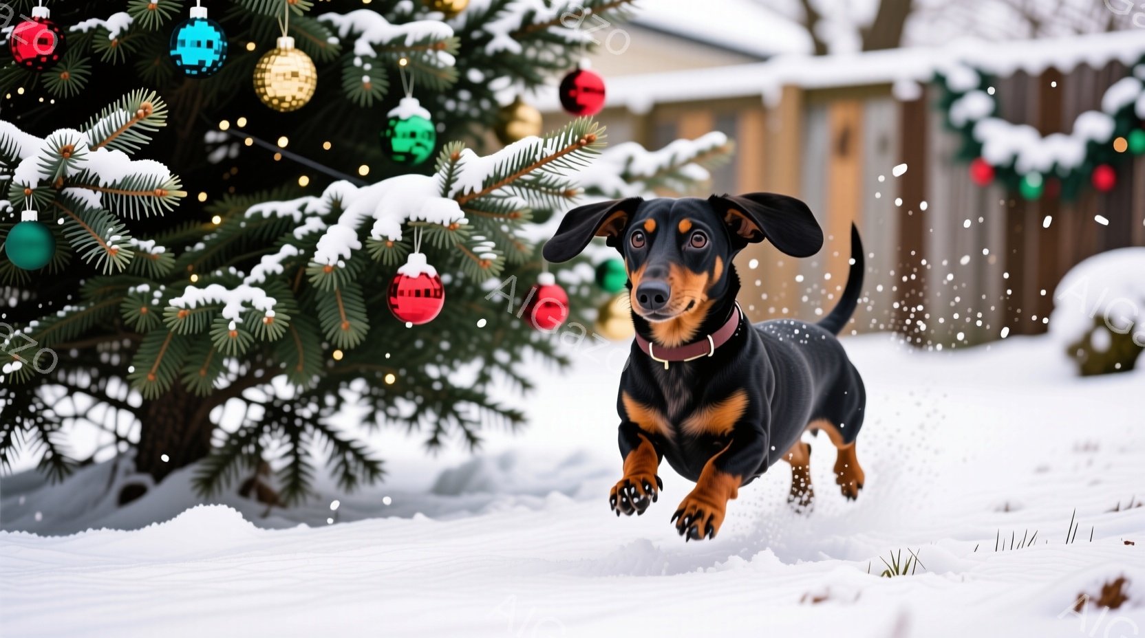 雪景色の中で、ダックスフンドが勢いよく駆け抜けている。クリスマスの飾り付けがされたモミの木が背景にあり、雪が舞っている様子から冬の暖かく楽しい雰囲気が伝わってくる。犬は首輪を付けており、活発で幸せそうな表情をしている。