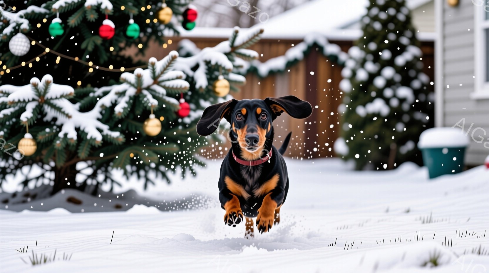 雪が降る庭で、ダックスフンドが勢いよく駆け抜けている。犬は黒と茶色の毛並みで、赤い首輪をつけている。背景には、クリスマスツリーのイルミネーションが輝き、雪に覆われた建物と自然が穏やかな冬の雰囲気を醸し - AI生成フリー素材