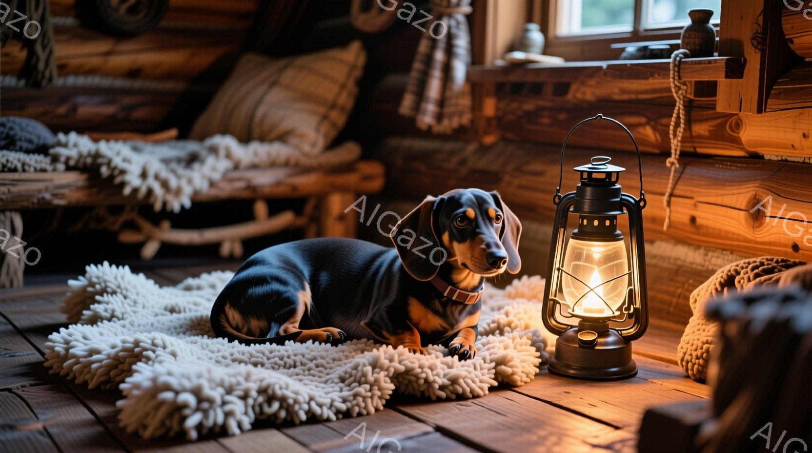 暖炉のある木の家の中に、チョコレート色のダックスフンドがふわふわの白いラグの上に横たわっています。背後には木製の壁と、ぼんやりと見える棚があり、アンティークランタンが暖かく光を放っています。全体的に、 - AI生成フリー素材