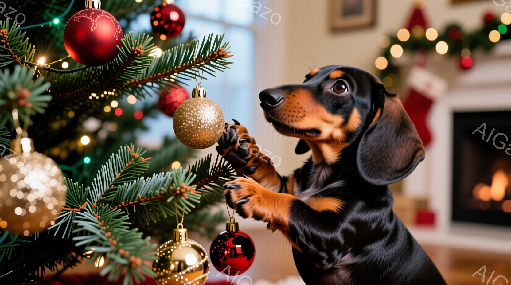 黒い毛並みに茶色のアクセントが入ったダックスフンドが、クリスマスツリーの飾りを見つめ、前足でそっと触れようとしています。背景には暖炉やクリスマスソックスが見え、室内は温かく、お祝いの雰囲気が漂っています。キラキラと輝くオーナメントと緑のツリーが、冬の праздничный сезонを感じさせます。