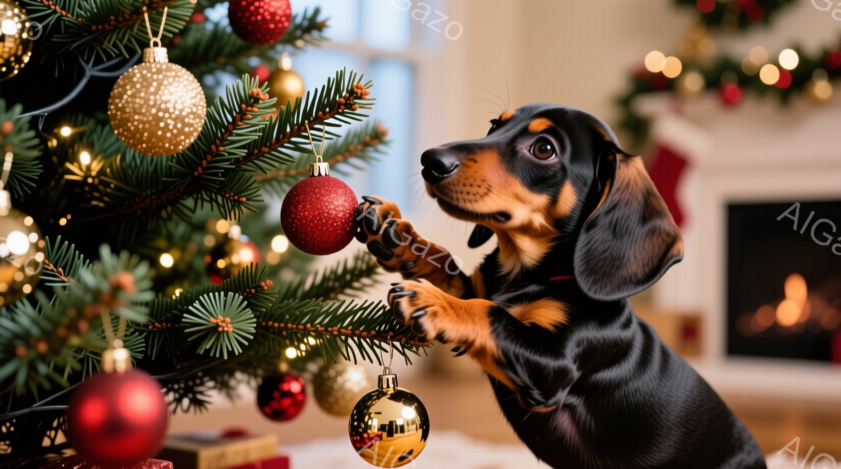 黒い毛並みに茶色のアクセントのあるダックスフンドがクリスマスツリーの枝に手を伸ばし、赤いオーナメントを掴もうとしています。背景には暖炉とぼやけたクリスマスプレゼントが見え、温かくお祝いムードが漂ってい - AI生成フリー素材